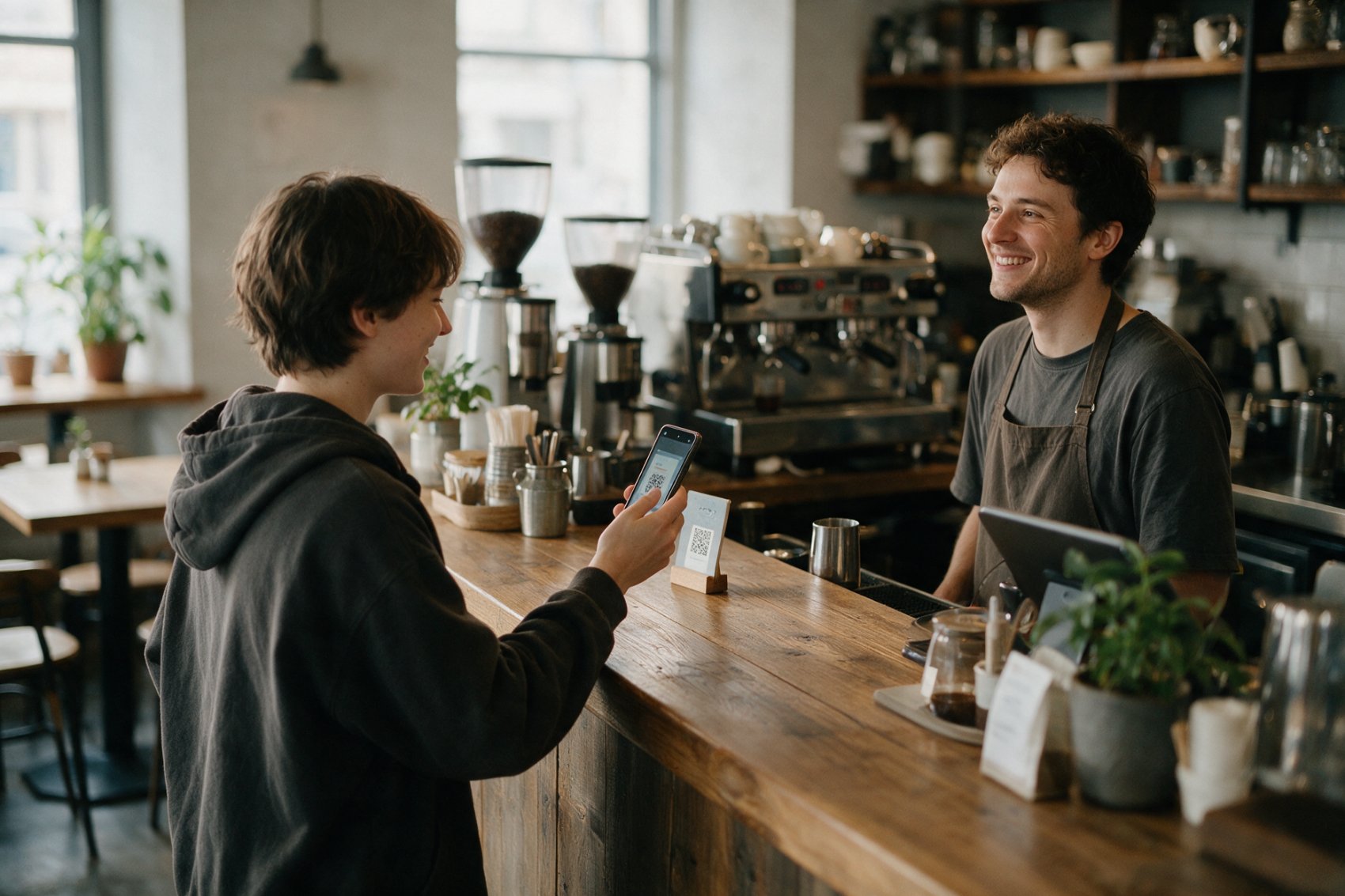 Gast an der Theke scannt den QR-Code
