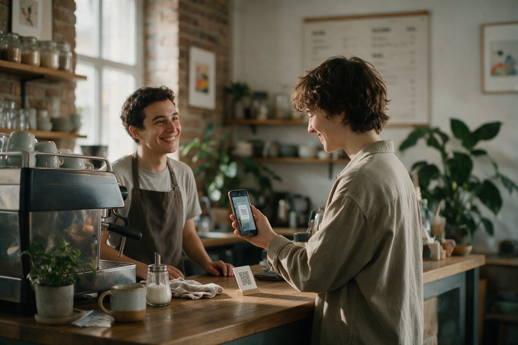 Gast scannt den QR-Code der digitalen Stempelkarte an der Theke, Barista lächelt